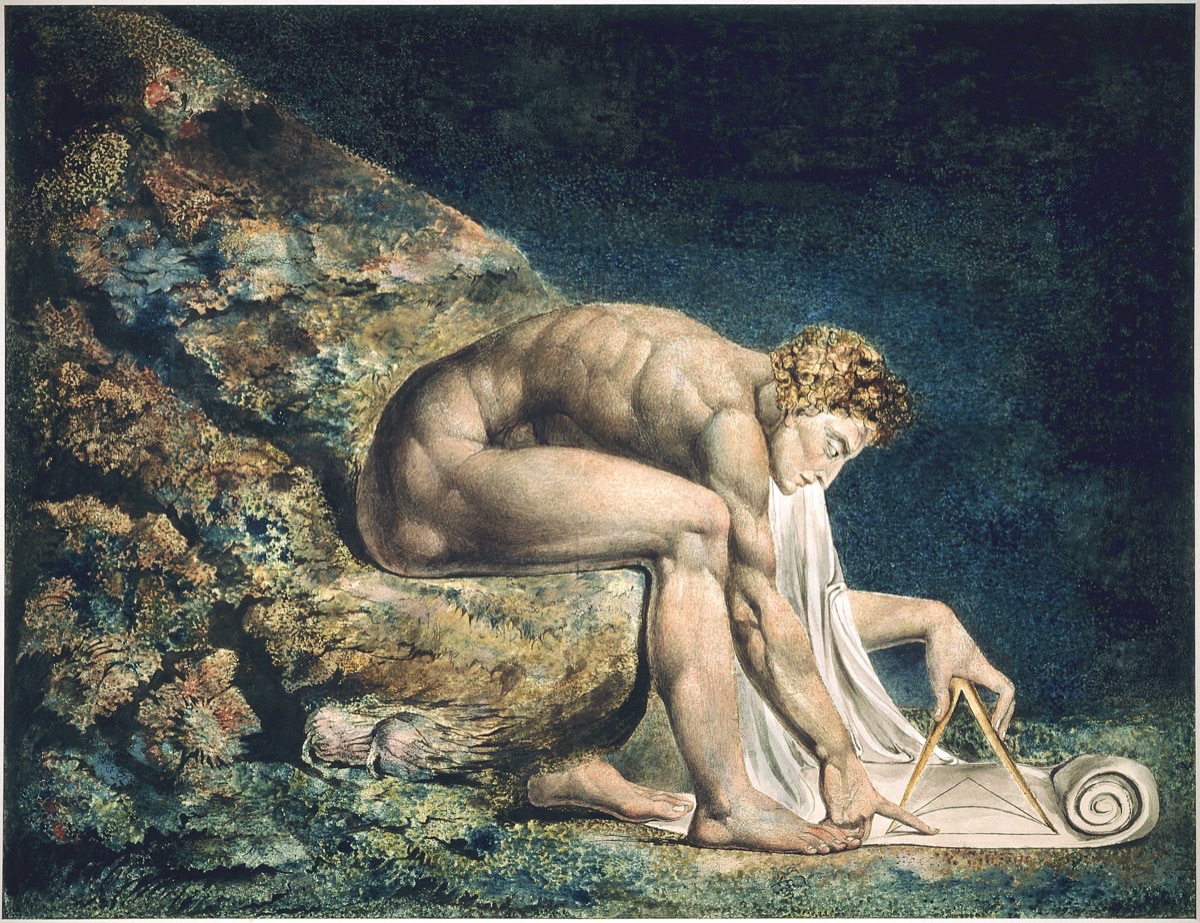 William Blake's Newton (1795) — Newton hunched over geometric diagrams, measuring with a compass, blind to the living cosmos around him