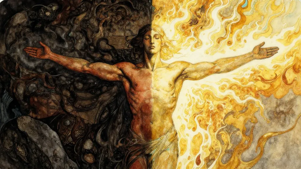 Figure split between dense dark matter and luminous golden spirit