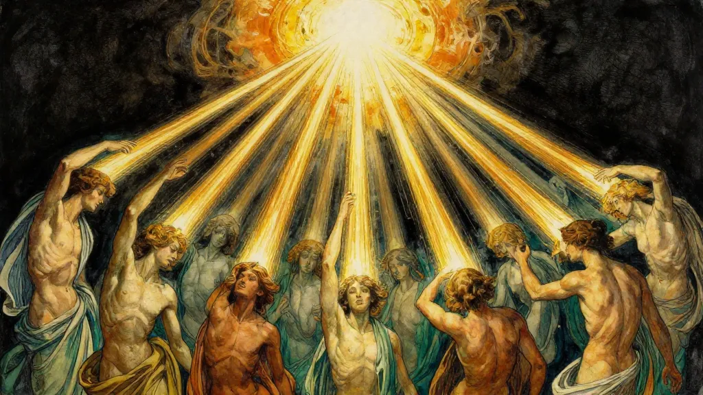 Figures dissolving upward into streams of golden light converging to a single point