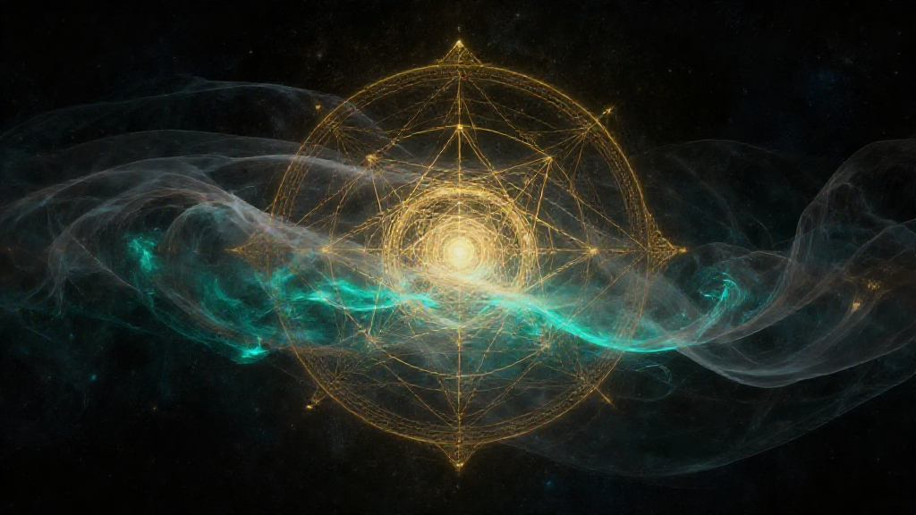 Golden sacred geometry and teal wave forms emerging from cosmic void