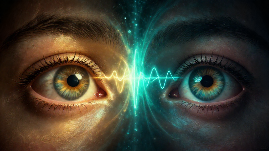 Two eyes — one gold, one teal — reflecting the same quantum wave pattern