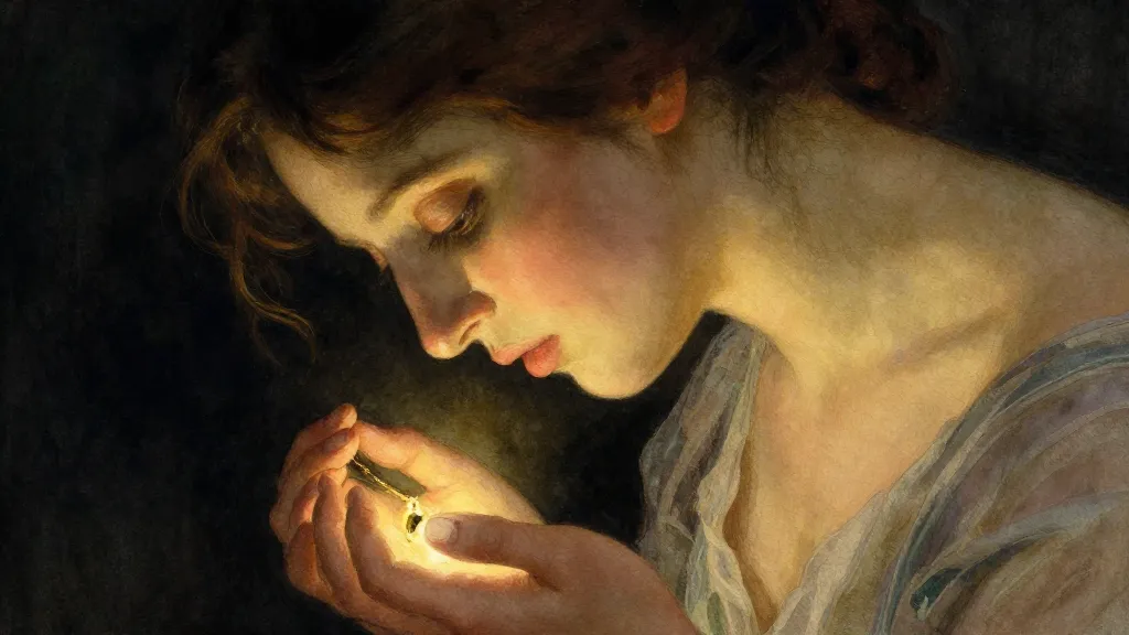 Figure discovering a glowing pendant at their throat, illuminated from below