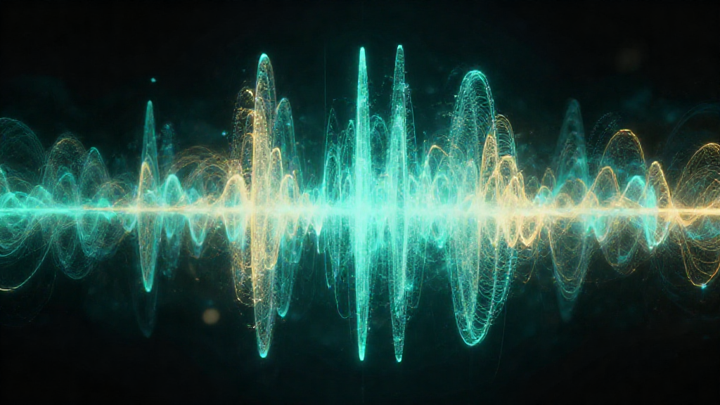 Teal and gold quantum wave visualization — probability fields in darkness