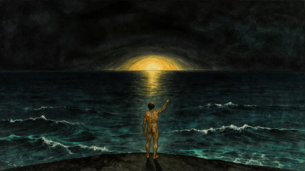 Solitary figure at the edge of a dark cosmic ocean reaching toward golden horizon light