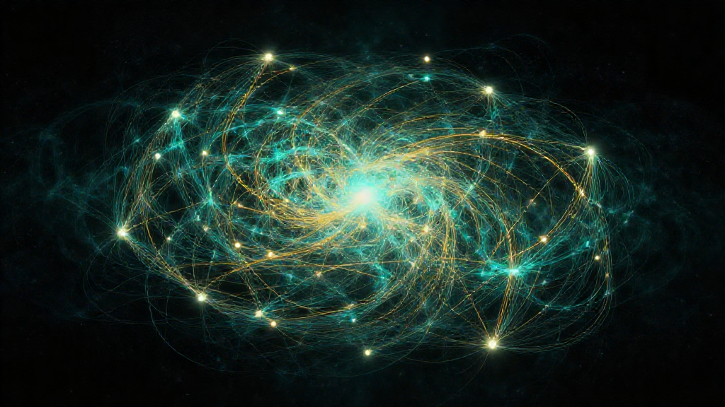 Cosmic web of golden and teal filaments connected across dark space