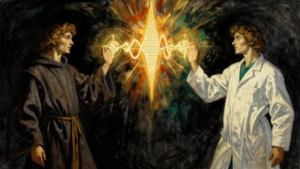 Monk and scientist reaching toward the same luminous form across centuries