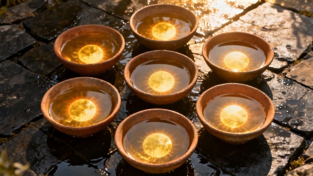 Bronze water pots in a circle, each reflecting the same golden sun