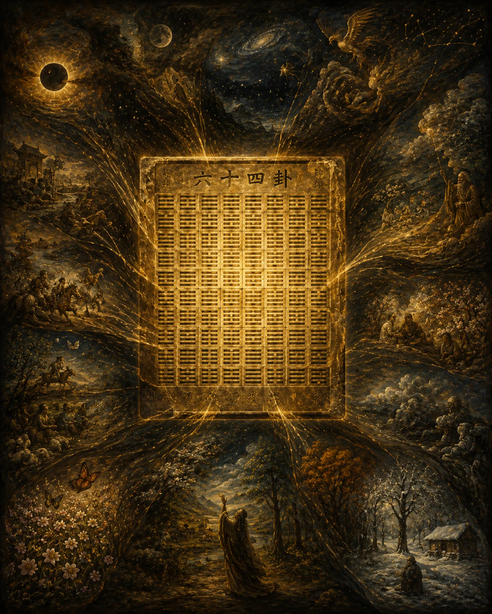 A golden tablet inscribed with the sixty-four hexagrams of the I Ching, radiating light outward into scenes of nature, cosmos, and human life — all compressed into simple marks