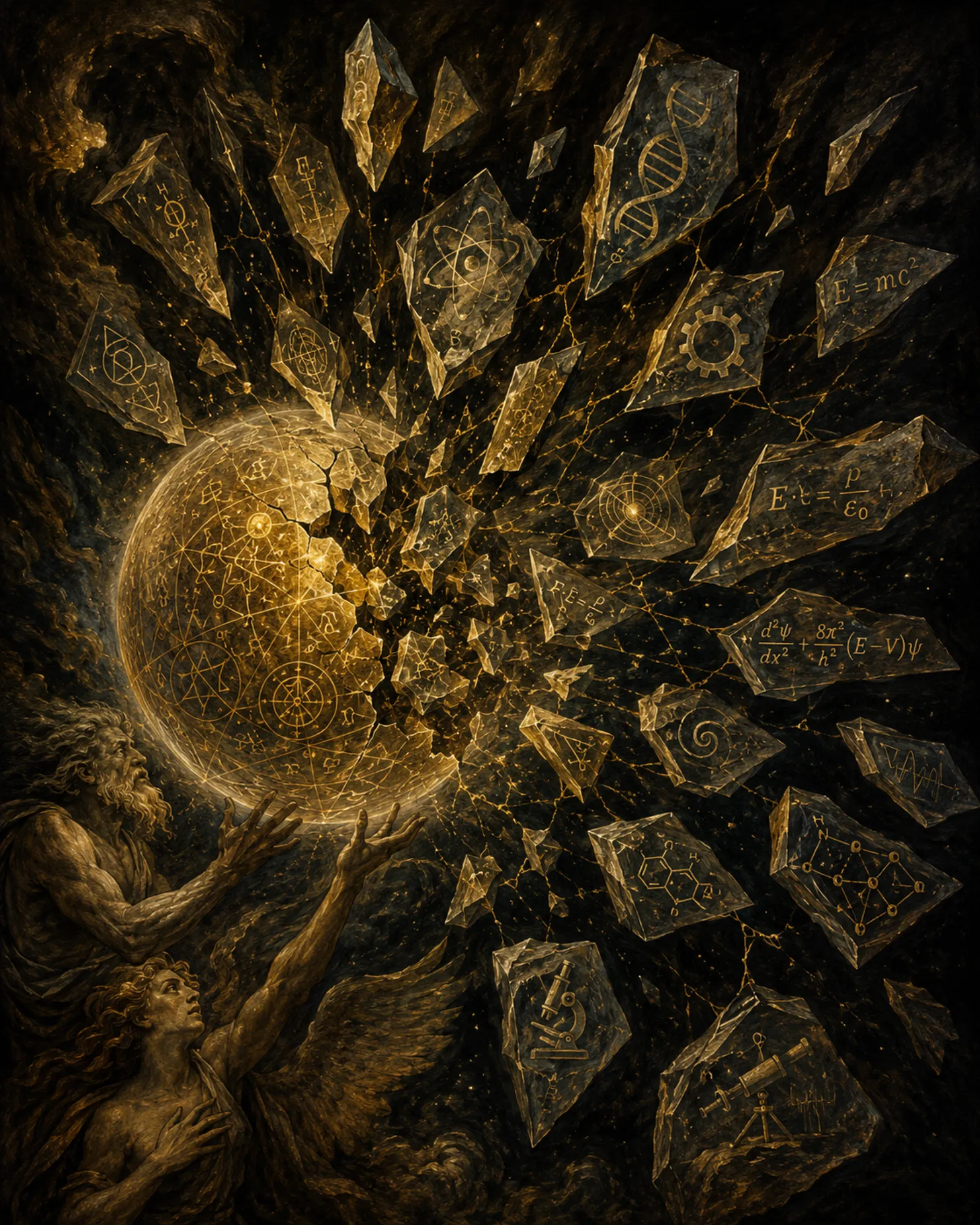 A luminous sphere of unified knowledge shattering into crystal fragments, each containing a separate scientific symbol — the whole breaking into specializations