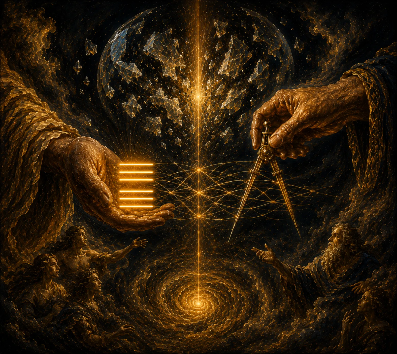 Two hands reaching across a divide — one holding a glowing hexagram symbol, the other a precise compass — with golden threads weaving between them as shattered fragments reassemble into a sphere above