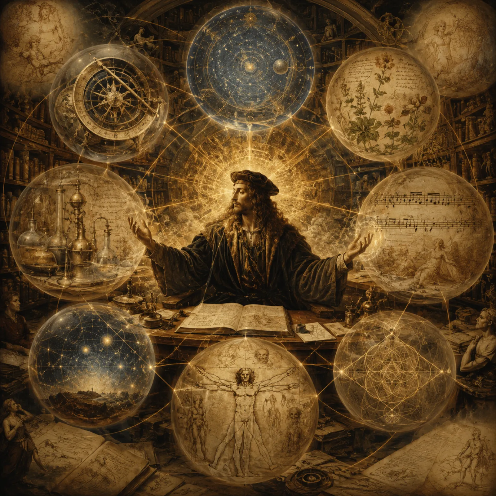A Renaissance polymath seated among translucent spheres of overlapping knowledge — astrolabe, alchemy, anatomy, music, celestial maps — all connected by golden threads into one unified web